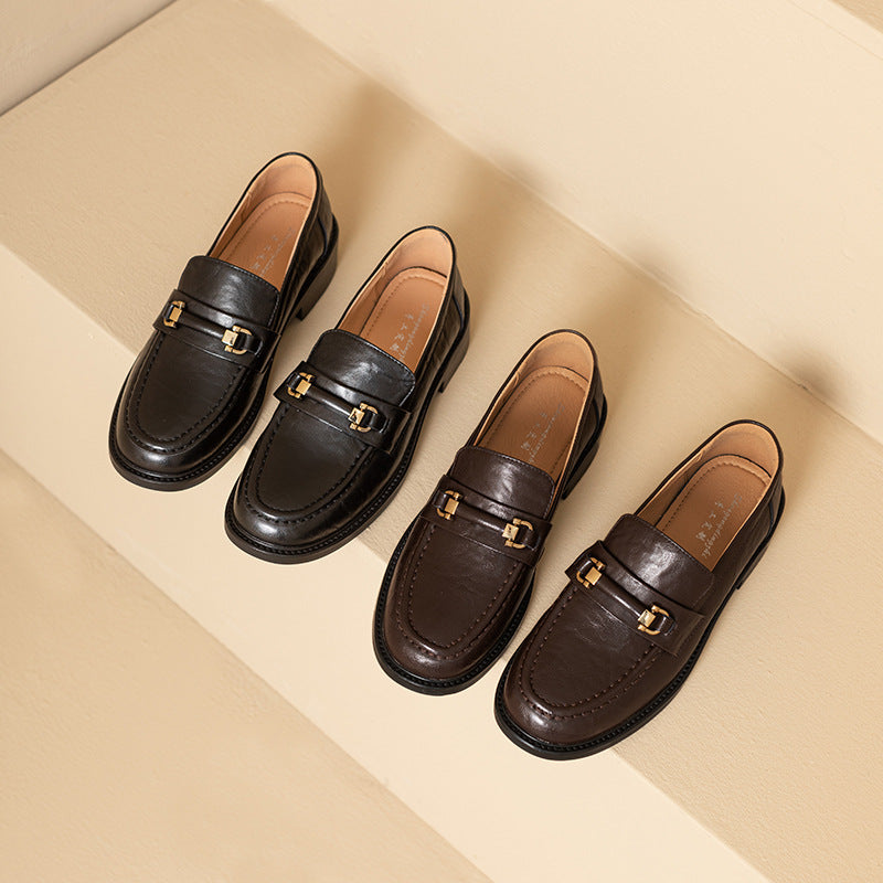 Buckle One Pedal Flat Bottom Pumps Female British Leather Shoes