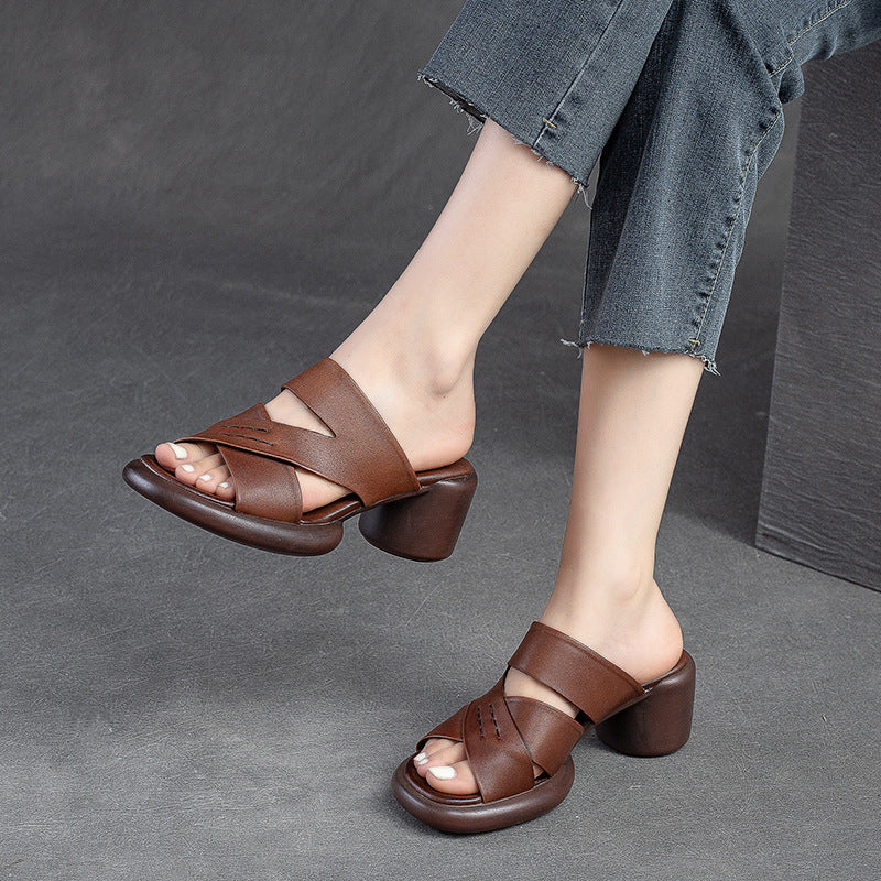 Women's Hollow Breathable High Top Layer Cowhide Heels