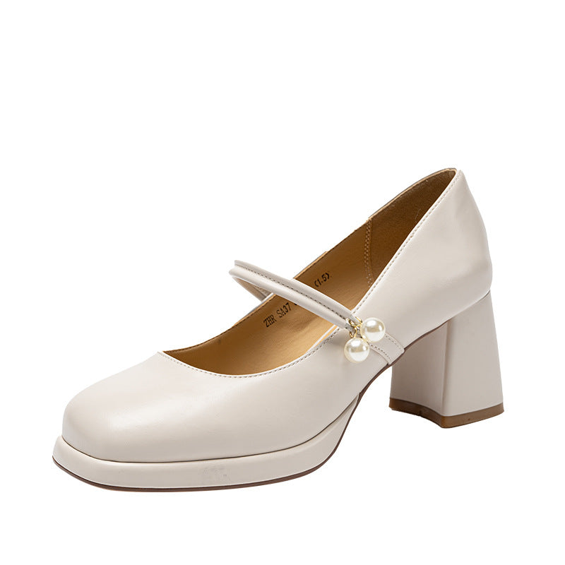 Women's Mary Jane Chunky Pumps Pearl French Retro High With Casual Shoes