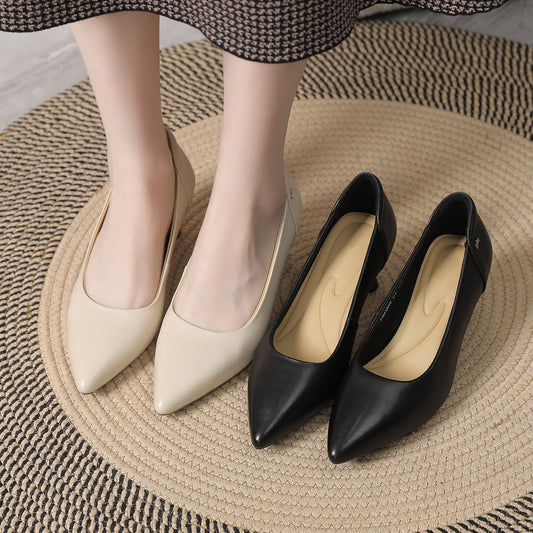 Women's Spring High Pumps Low-cut Authentic Low Workplace Simple Sheepskin Women's Shoes