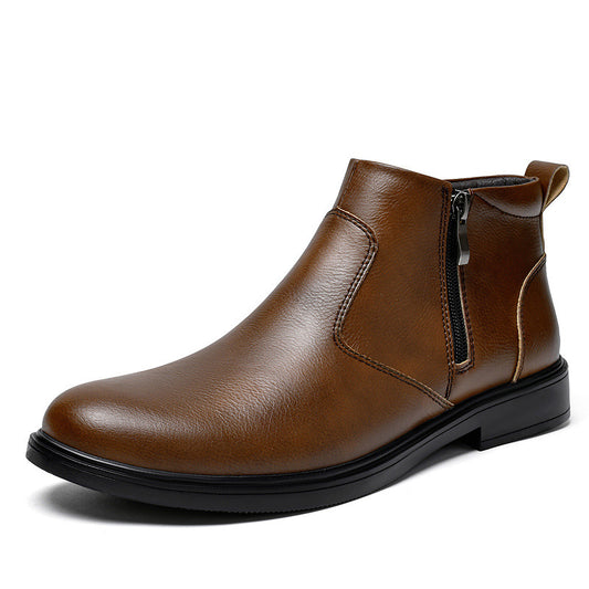 Men's Leisure Sleeve Side Zipper Cowhide Surface Boots