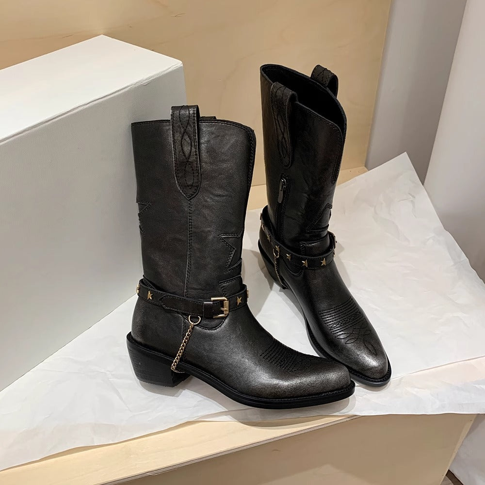 Women's Belt Buckle Side Zipper Chunky Knee-high Boots