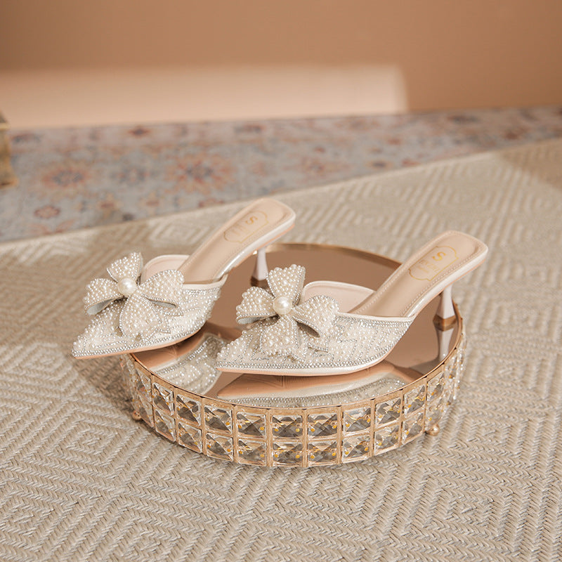 Women's Spring Pointed Toe Cap Rhinestone High Low-cut Heels