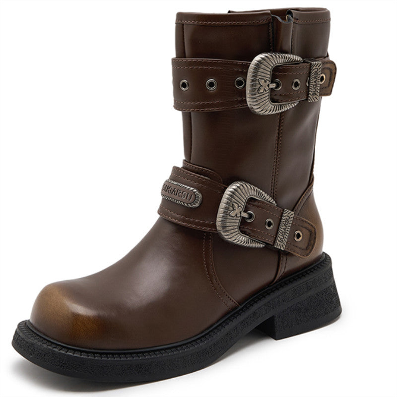 Women's Thick Bottom Chunky Belt Buckle Brushed Boots