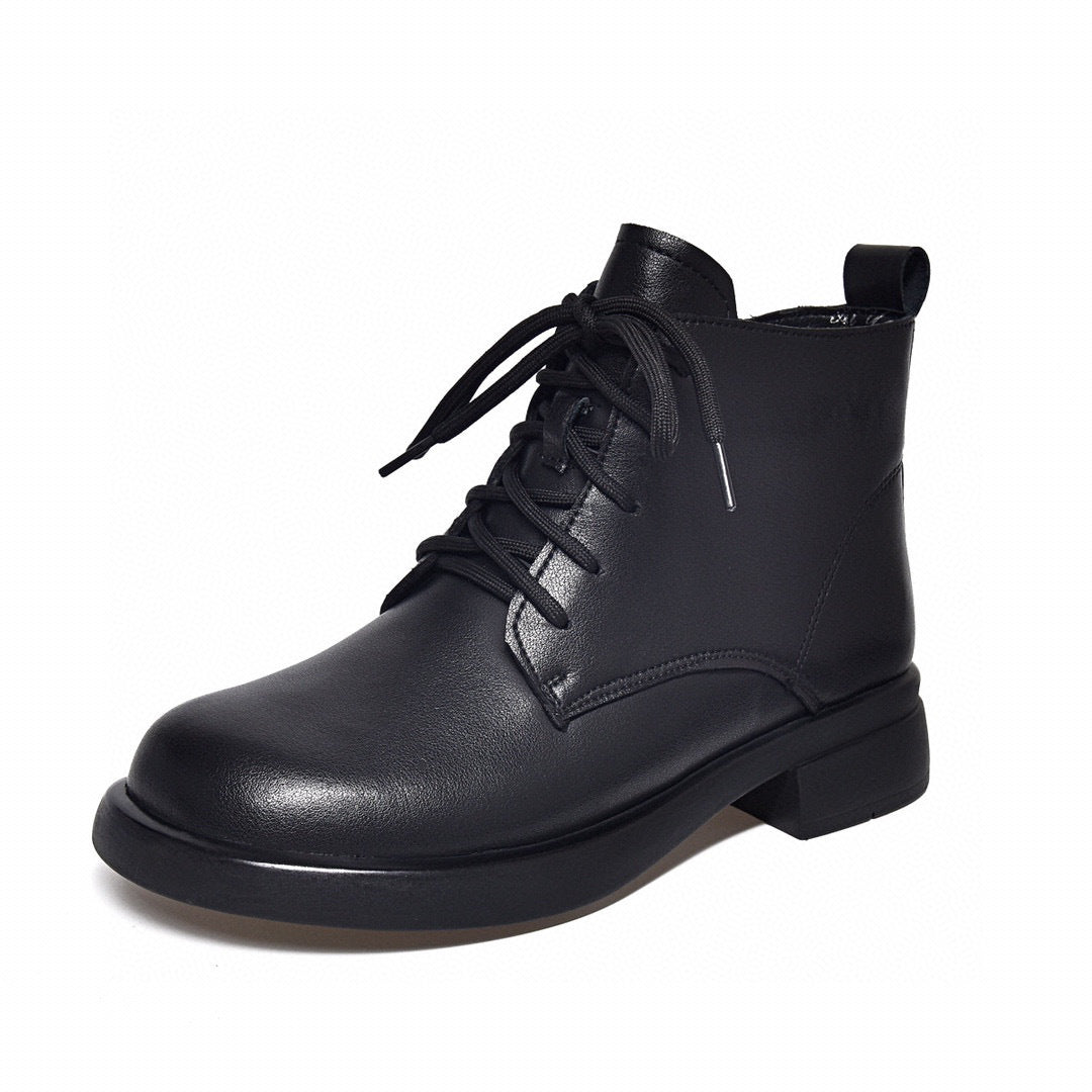 Women's Round Toe Flat Bottom Cowhide Ankle Boots