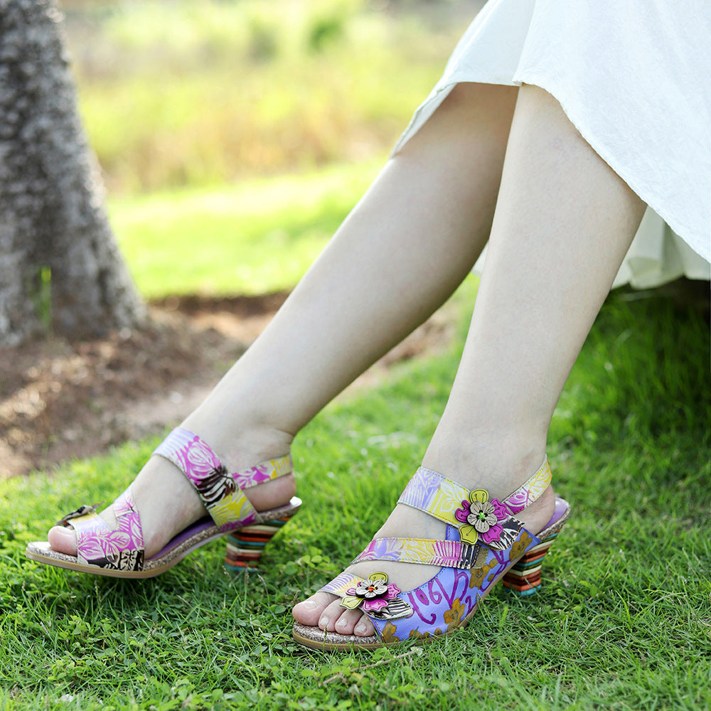 Summer Genuine Hand-rub Color Retro Three-dimensional Heels