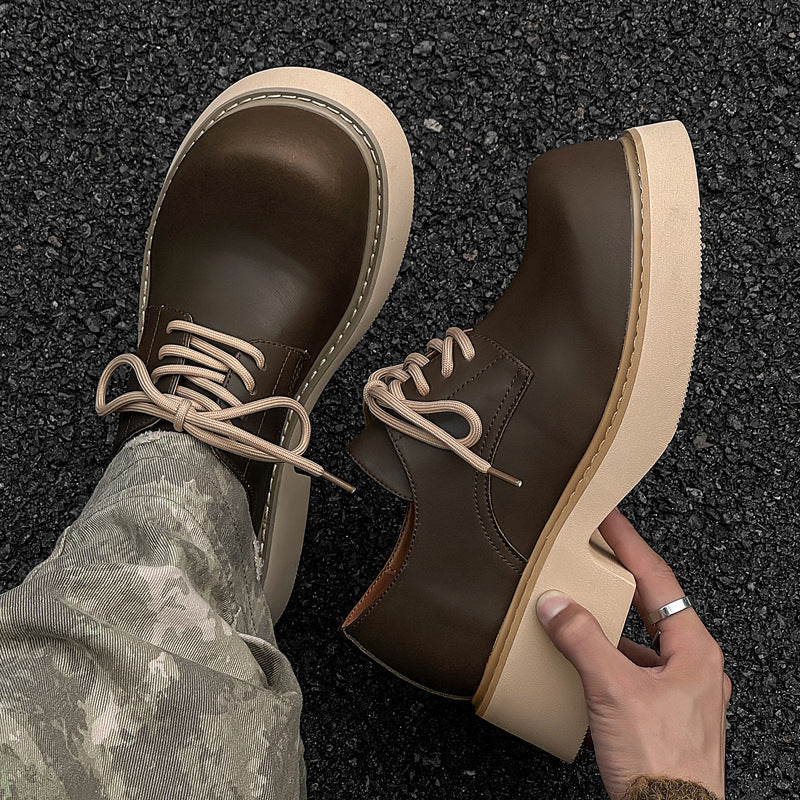 Men's Round Head Leisure Light Thick Bottom Increased Big Leather Shoes
