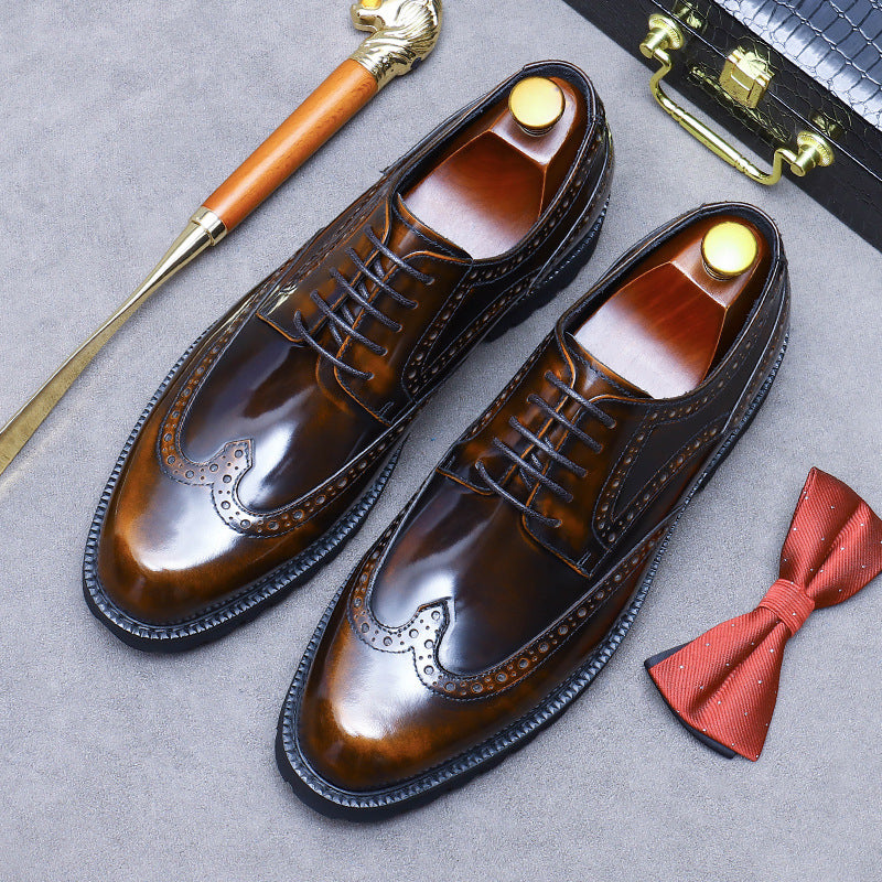 Men's Glossy Cowhide Business Genuine Thick Bottom Round Toe Leather Shoes