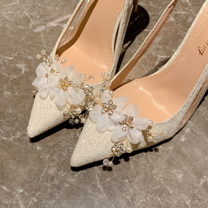 Women's French Style White Flower Wedding Stiletto Pointed Heels