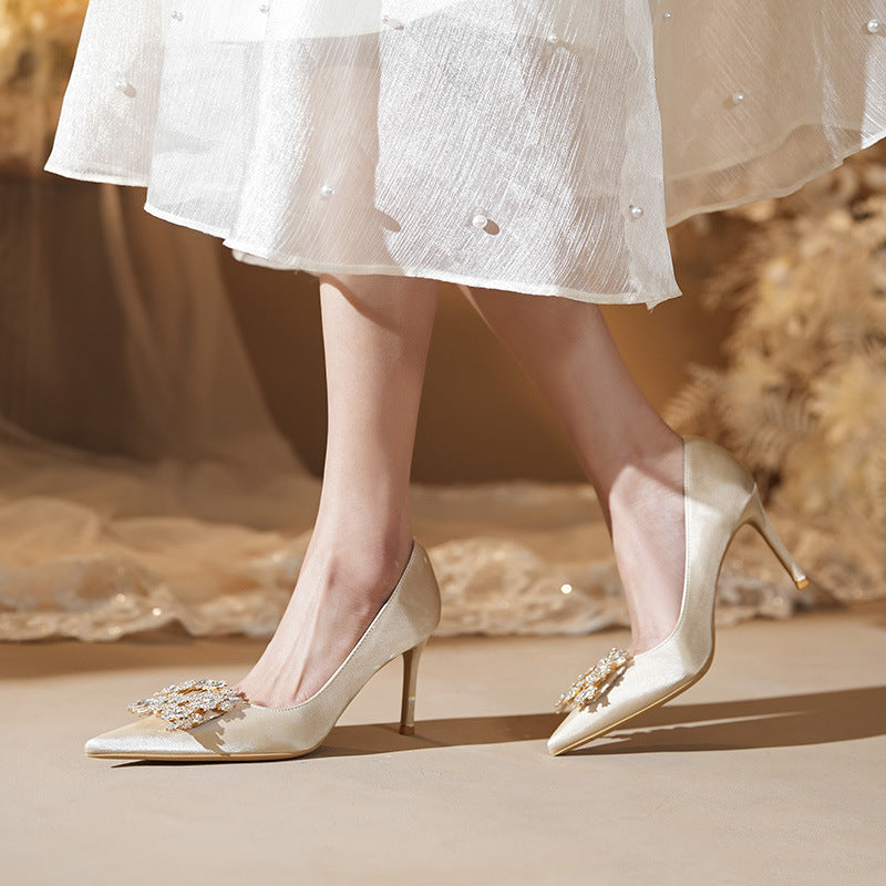 Surface Wedding Stiletto Pointed Toe Low-cut Rhinestone Square Buckle High Heels