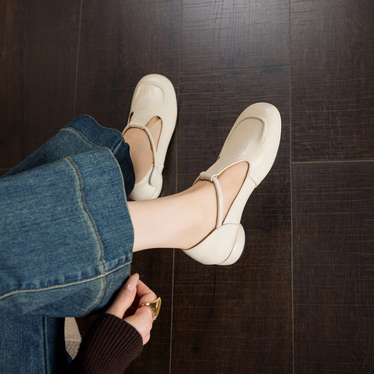 Women's Soft Cowhide Mary Jane Mid Chunky Low-cut Round Head Women's Fashion Shoes