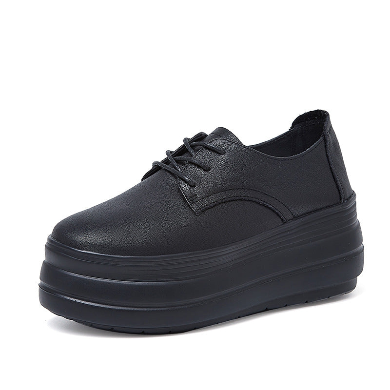 Women's Cowhide Platform White Round Head Pumps Lace Casual Shoes