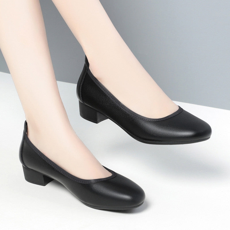 Women's Tired Feet Black Chunky Mid Hotel Shallow Mouth Casual Shoes
