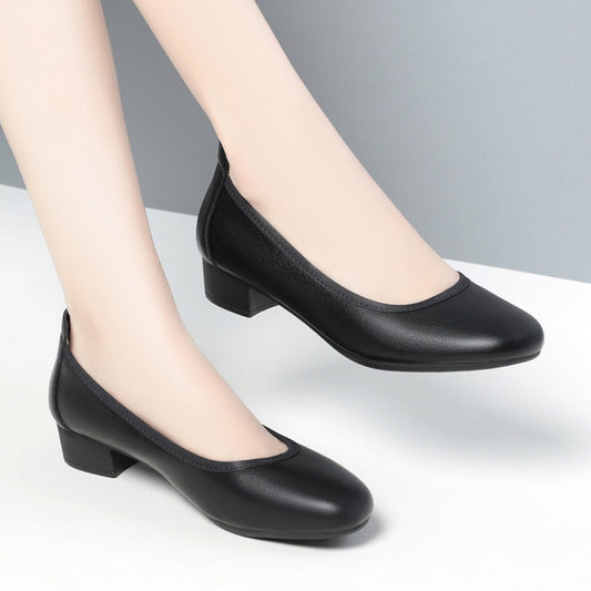 Women's Tired Feet Black Chunky Mid Hotel Shallow Mouth Casual Shoes