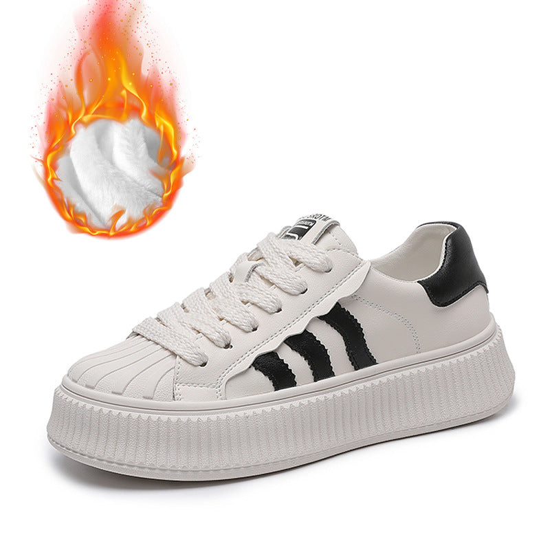 Women's Platform White Shell Toe Real With Fleece Lining Flat Biscuit Women's Casual Shoes
