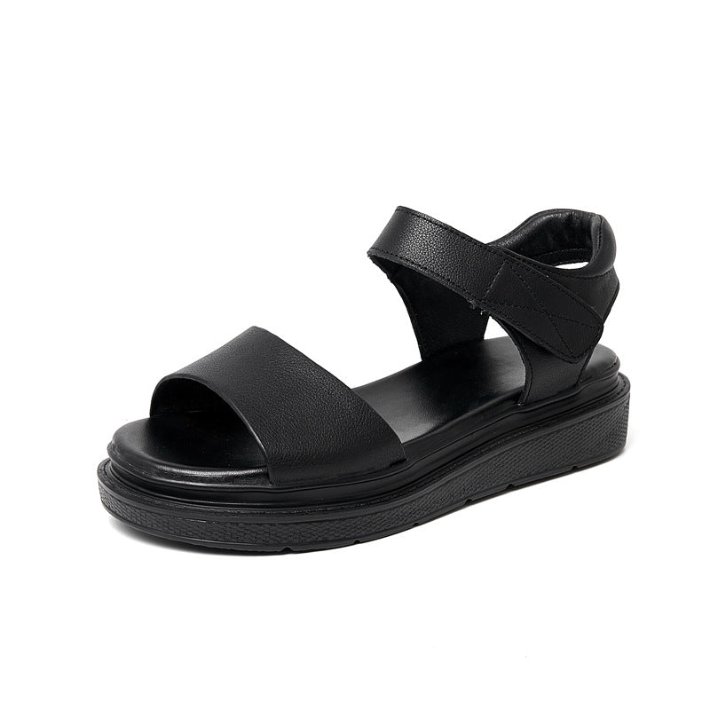 Women's Top Layer Cowhide Large Round Head Leisure Flat For Sandals