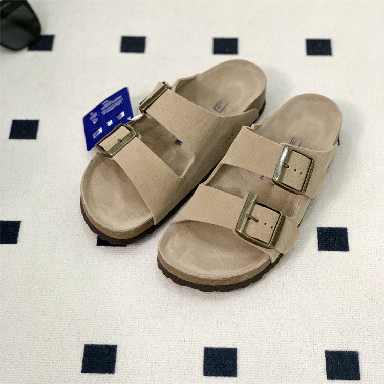 Women's & Men's Summer Cowhide Cork Two-word Platform Outerwear Slippers