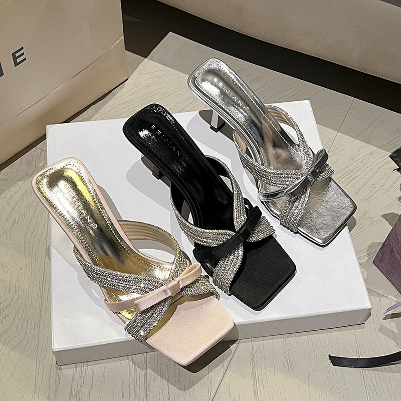 Women's Rhinestone Bow Temperament Square Toe Open Heels