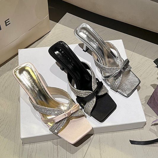 Women's Rhinestone Bow Temperament Square Toe Open Heels