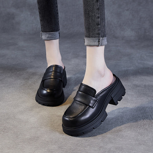 Women's Layer Cowhide Platform Mules One Pedal Small Toe Box Slippers