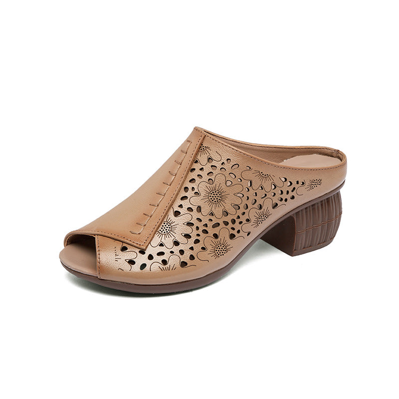 Women's Top Layer Cowhide Chunky Soft Bottom Heels