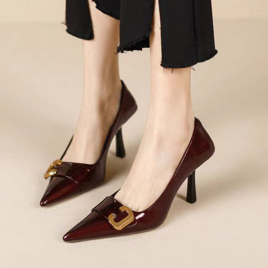 Women's Wine Red Classy High French Style Temperament Niche Low-cut Stilettos Heels