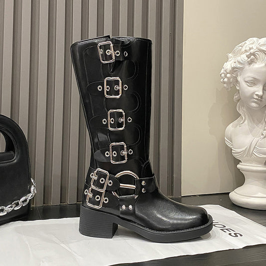 Women's Round Toe Belt Buckle Middle Tube Boots