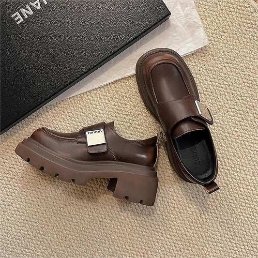 Women's & Men's Thick-soled British Style Velcro Square Buckle Brown Loafers