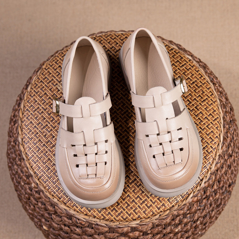 Women's Layer Cowhide Summer British Style Retro Beige Sandals