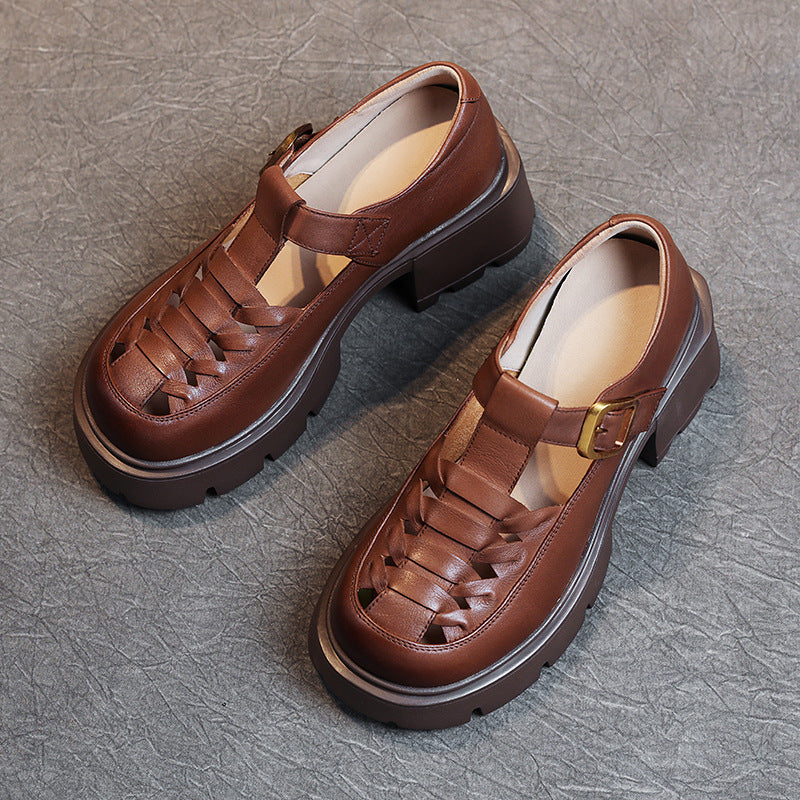 Women's Layer Cowhide Summer Hollow Retro Breathable Sandals