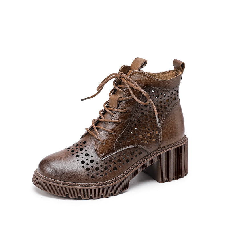 Women's Cowhide Cool Round Head Chunky Bottom Heels