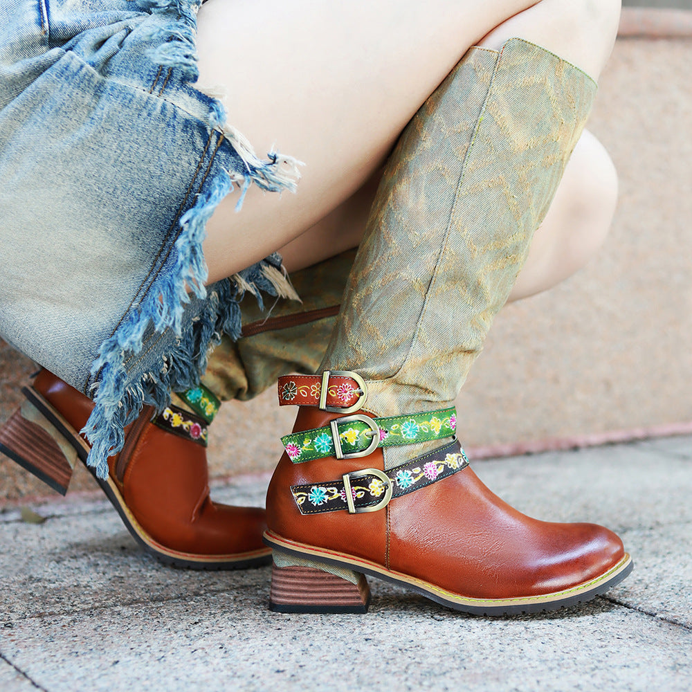 Women's Handmade Genuine Brushed British Retro Patchwork Belt Boots
