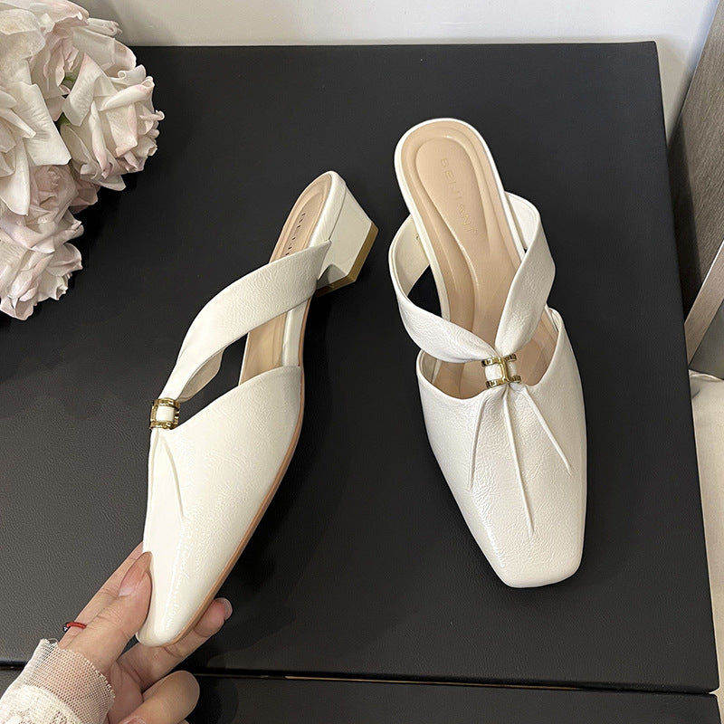 Women's Toe Textured Lambskin Pleated Closed Chunky Half Heels