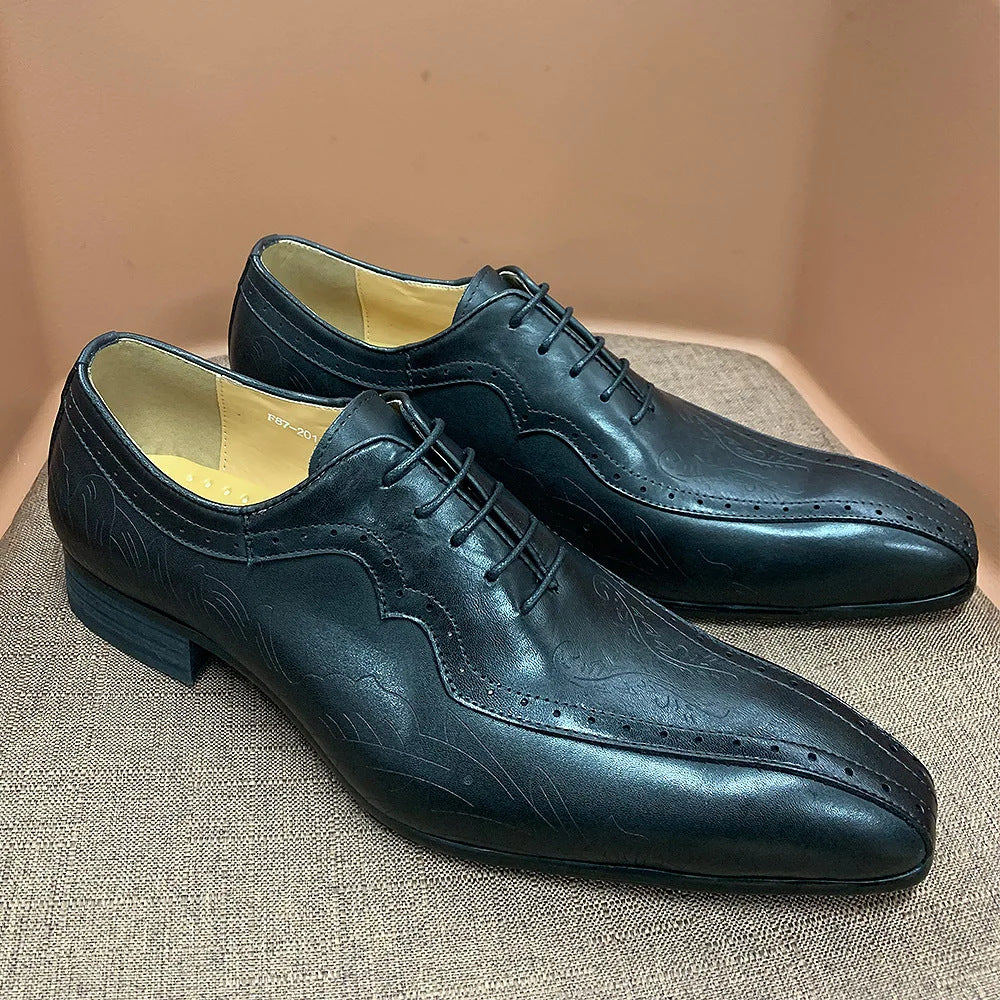Men's Pointed Business Carved Brown Oxford Leather Shoes
