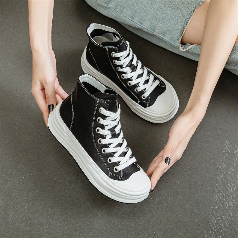 Women's High Top White Cowhide Black Comfort Sneakers