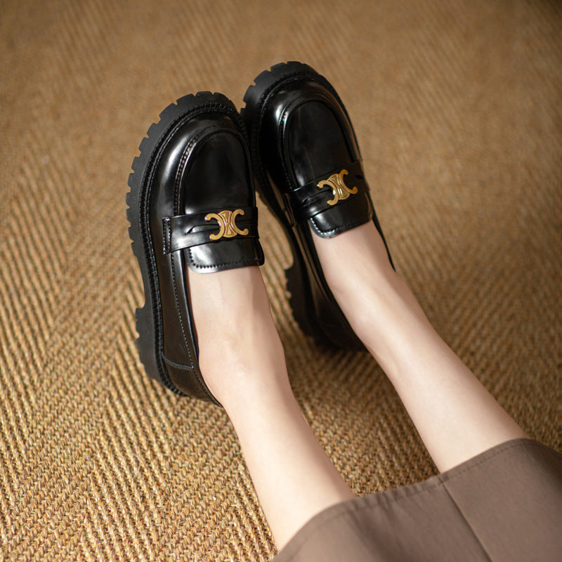 Women's Full Cowhide British Style Authentic Spring Pumps Platform Metal Leather Shoes