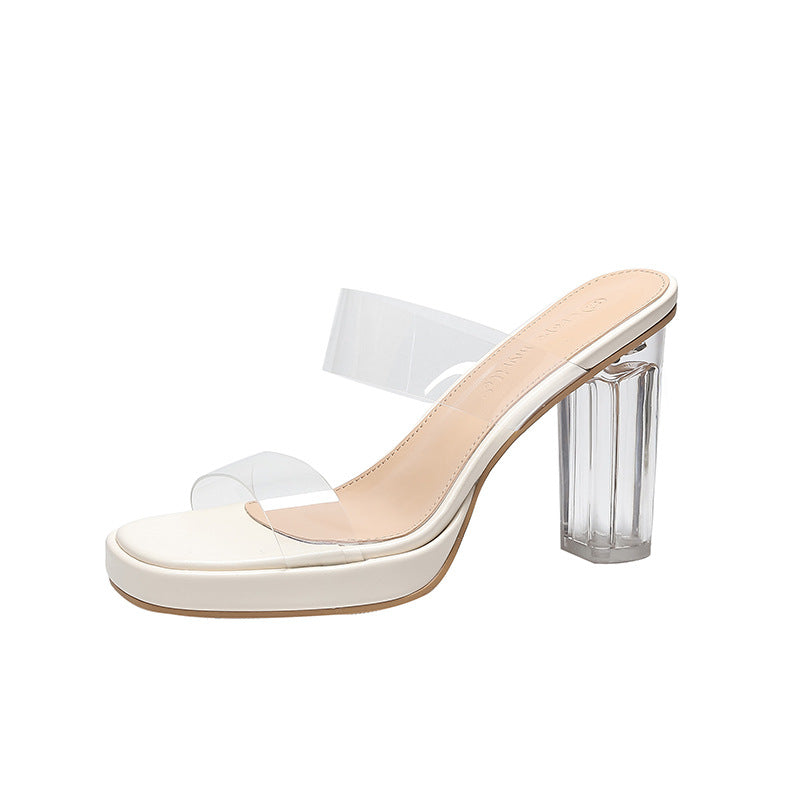 Women's Transparent High Summer Platform Crystal Chunky Heels