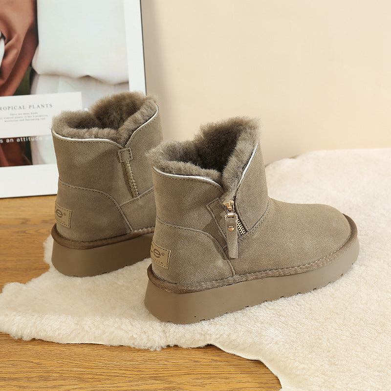 Women's Fur Genuine Wool Side Zipper Fleece Snow Boots