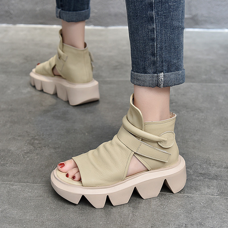 Women's Genuine First Layer Cowhide Platform Muffin Fish Sandals