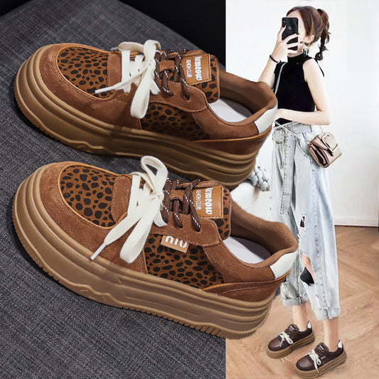 Women's White Korean Height Increasing Sports Leopard Sneakers
