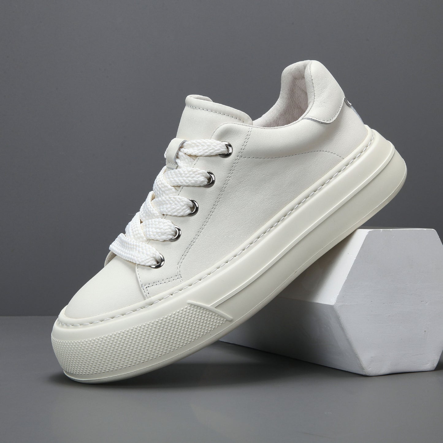 Men's Trendy Platform White Top Layer Cowhide Sneakers