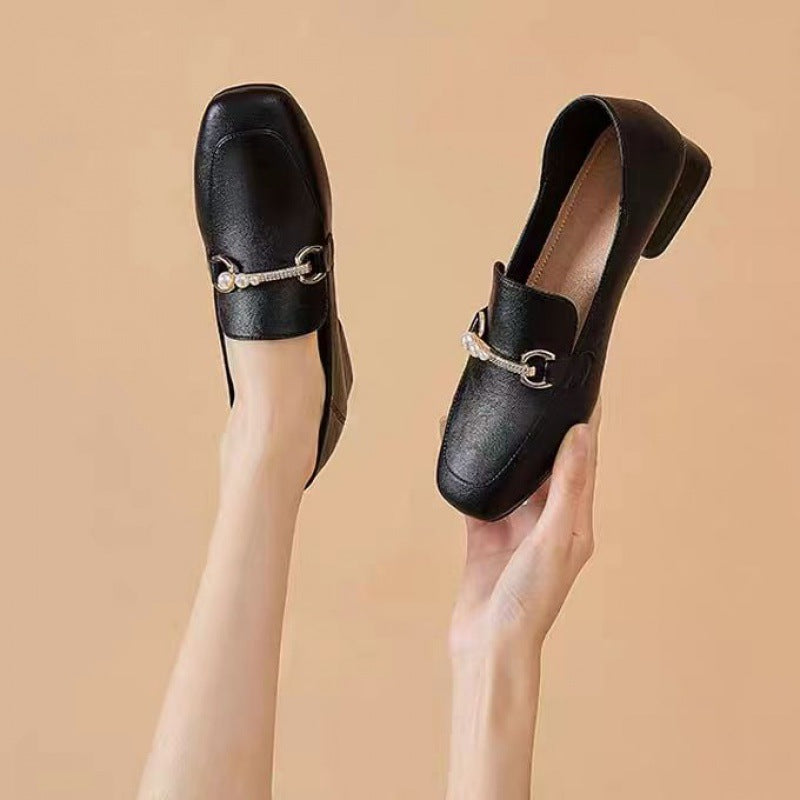 Women's Pumps Chunky Square Toe Mid British Style Loafers