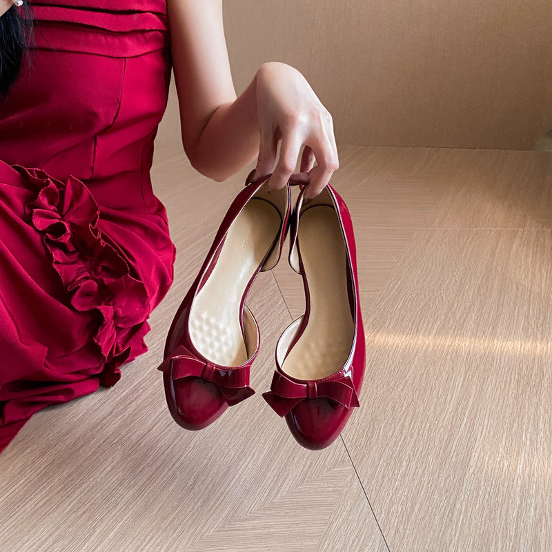 Women's Style Bow Low-cut Side Empty Round Toe Red Bottom Women's Casual Shoes