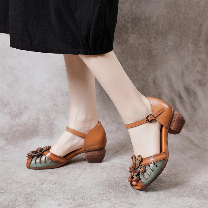 Women's Layer Cowhide Hollow Fish Mouth Strap Heels