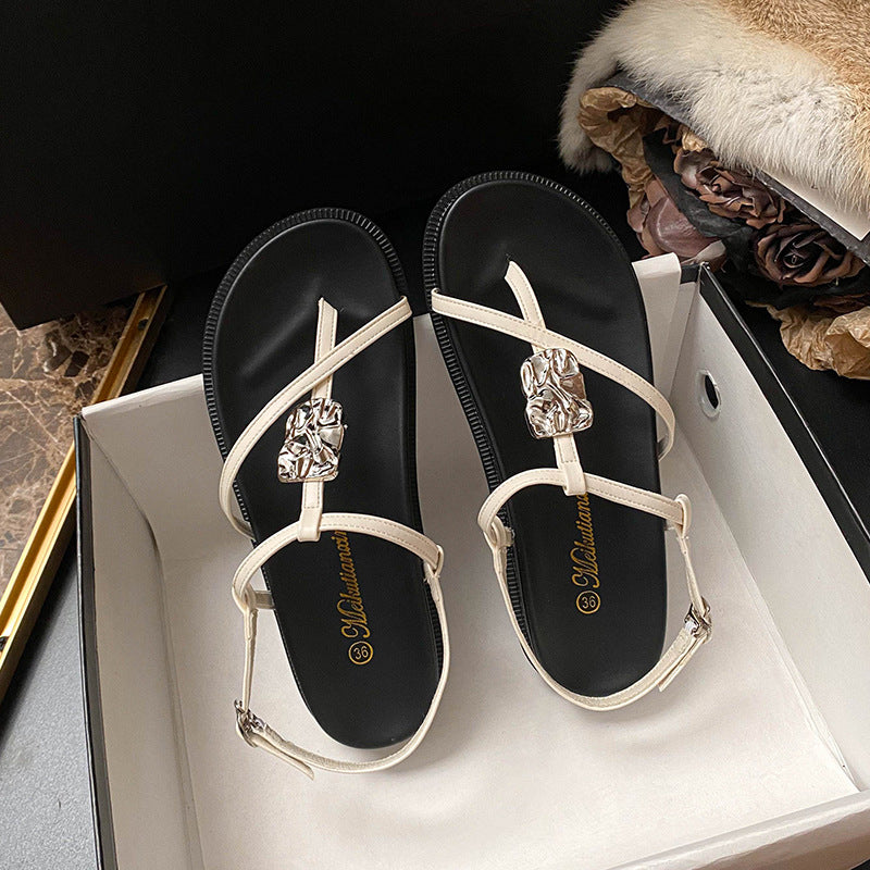 Women's Toe Open Strap Roman Thin Low For Summer Sandals
