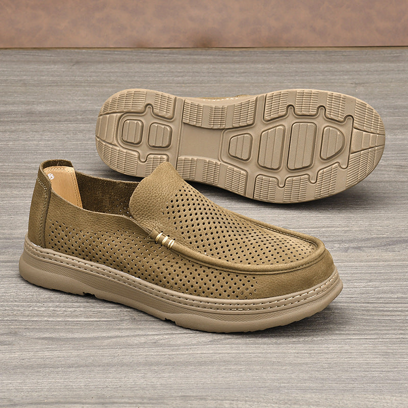Men's Surface Hollowed First Layer Cowhide Round Toe Perforated Casual Shoes