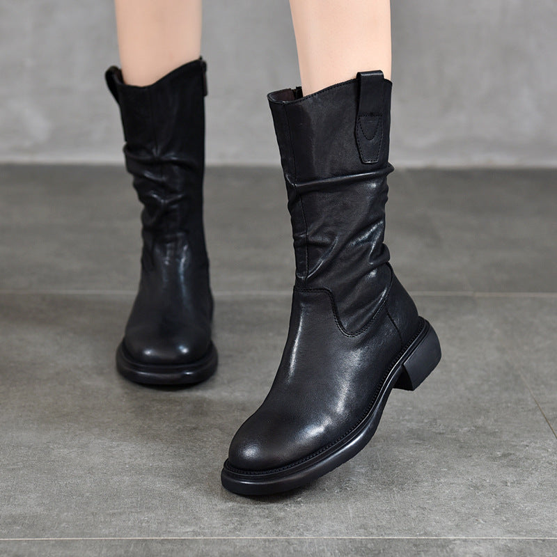 Women's Tanned Cowhide Mid Side Zipper Round Boots