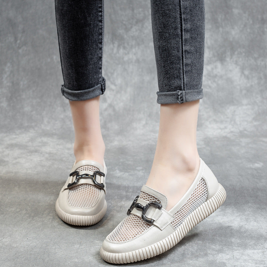 Women's Layer Cowhide Hollow Slip-on Breathable Pumps Loafers