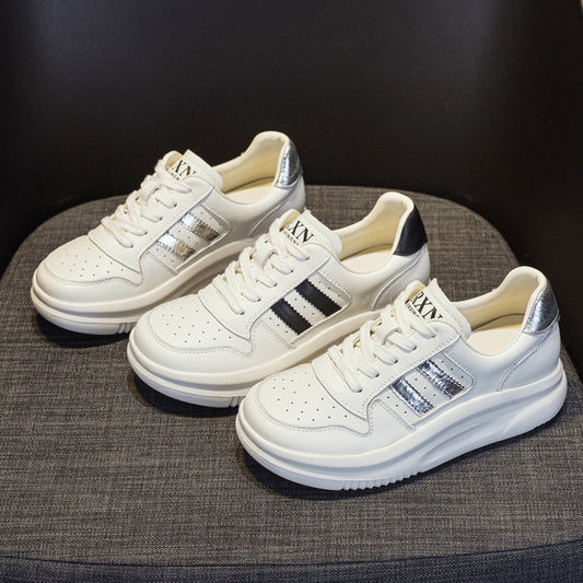 Women's Spring First Layer Cowhide Fashionable White Sneakers