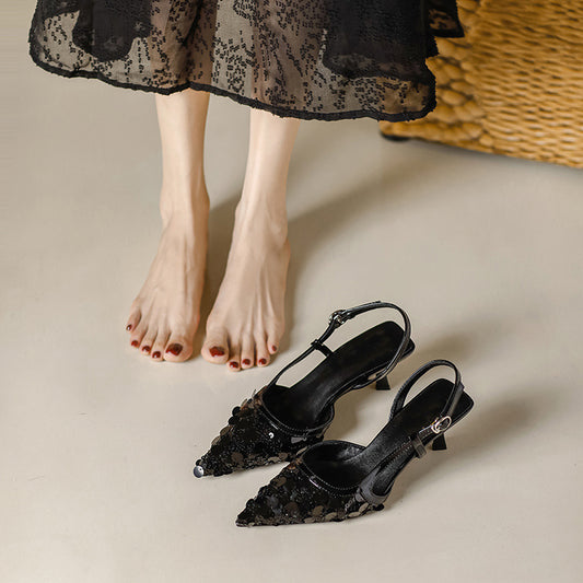 Bride Pointed Sequins Closed Toe Back Empty Summer Heels